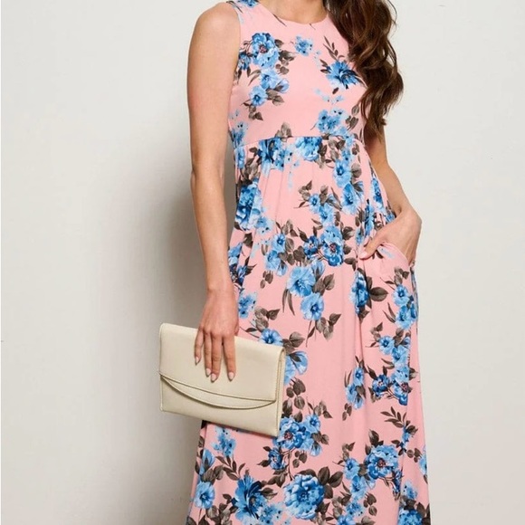 Summer Bold Floral Print Elastic Waist Backless Slit Casual Maxi Dress